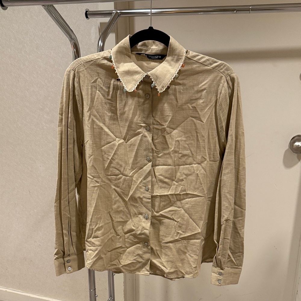 Zara Beige Button-Down Shirt with Bead Details